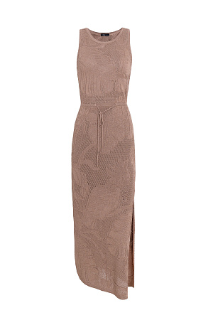 коричневый Ажурное платье длины миди из вискозы с растительным орнаментом. Модель приталенного силуэта, без рукавов, с круглым вырезом горловины.