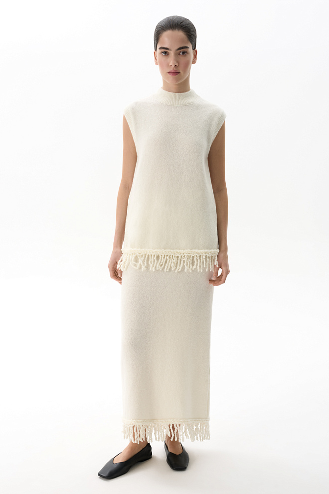 Трикотажная юбка макси из шерсти мериноса с бахромой