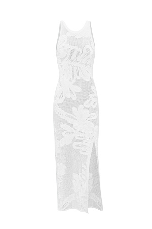 белый Трикотажное платье длины миди из органического хлопка. Модель приталенного силуэта, без рукавов. круглым вырезом горловины, разрезом спереди и шнуровкой на спине. Изделие декорировано растительным орнаментом. <br />
Органический хлопок - более экологичная и безопасная альтернатива обычному хлопку, выращенная без использования химикатов. 
