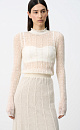 Трикотажное платье длины миди из полупрозрачного кружева с подъюбником из смесовой шерсти. Модель с длинными рукавами, невысоким воротником со сборкой и эластичным поясом. Застежка на пуговицу сзади. Платье выполнено из мягкой пряжи кид мохера и беби альпака, что позволит чувствовать себя в нем комфортно и тепло.