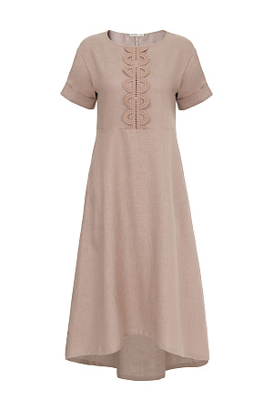 бежевый Платье длины миди из 100% льна. Модель с коротким рукавом и круглым вырезом горловины. Изделие декорировано кружевом.