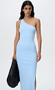 Трикотажное платье из вискозы длины миди. Модель приталенного силуэта, без рукавов, с широкой лямкой на одно плечо и разрезом сбоку.
