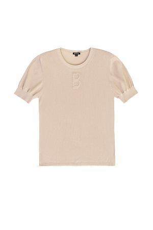 бежевый Цельновязаная футболка с рукавами фонарики. По бокам небольшие разрезы