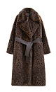 Длинная шуба из экомеха с анималистичным принтом, имитирующим окрас леопарда. Модель прямого кроя с широким отложным воротником и шлевками на поясе. Широкий пояс из экокожи в комплекте. 