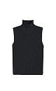 Трикотажный жилет из шерсти с добавлением акрила. Модель прямого силуэта, без рукавов, с декоративными сбавками на груди и высоким воротником с валиком. Дополнить образ можно юбкой в таком же стиле.