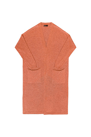 оранжевый Длинный трикотажный кардиган из вискозы. Модель прямого кроя, с двумя боковыми карманами, шлевками на талии и поясом.