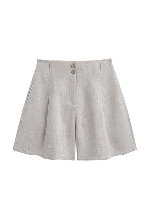 серый Шорты из 100% льна с высокой посадкой. Модель прямого кроя с защипами и боковыми карманами. Шлевки на поясе для ремня. Застежка на молнию и две пуговицы.