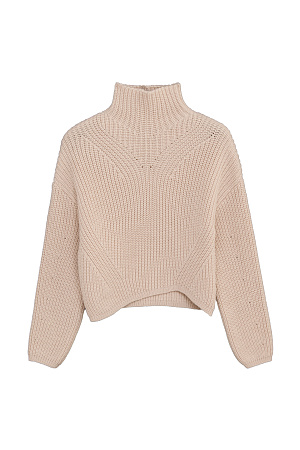 бежевый Трикотажный джемпер из шерсти Альпака с асимметричным нижним краем и декоративными дорожками. Модель свободного силуэта со спущенным плечом.