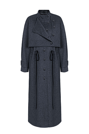 графит Однобортное пальто с асимметричной отлетной кокеткой и кулиской на поясе. Модель свободного силуэта со спущенной линией плеча и боковыми карманами. Паты на манжетах. Без подкладки. 