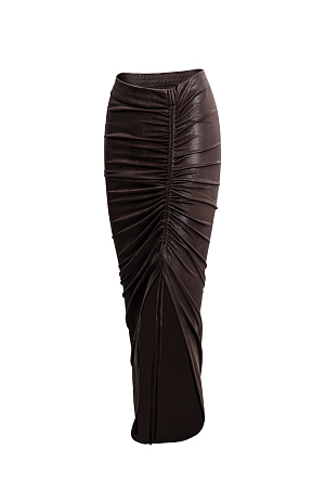 коричневый Юбка из нейлона длины миди на кулиске. Модель с асимметричным низом и сложной драпировкой. Дополнить образ можно топом в таком же стиле. 