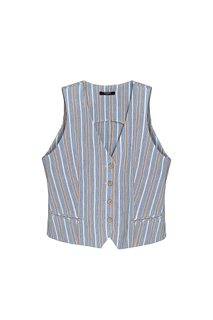 синий Хлопковый жилет в полоску. Модель прямого кроя с V-образным вырезом и имитацией карманов. Застежка на пуговицы. Дополнить образ можно жакетом и брюками в таком же стиле.
