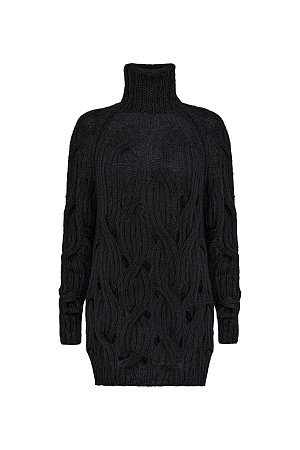 черный Объемный удлиненный джемпер с мохером, вязка выполнена крупными косами. Высокий ворот под горло. Манжеты рукавов и низ изделия на резинке. 