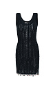 Трикотажное платье длины мини фактурной вязки из хлопка. Модель приталенного силуэта, с U-образным вырезом горловины и широкими бретелями. Изделие декорировано тесьмой с ракушками и пайетками .