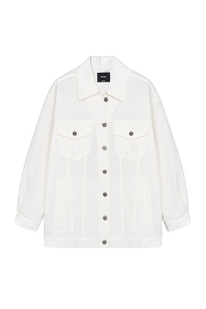 белый Джинсовый жакет прямого кроя. Отложной воротник, длинные рукава с манжетами на пуговицах. Модель декорирована накладными карманами на груди и брендированным ярлыком на спине. Застежка на пуговицы.