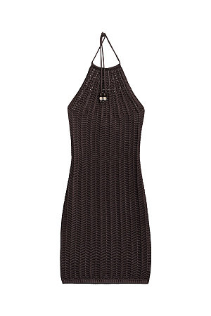 коричневый Трикотажное ажурное платье из хлопка. Модель приталенного силуэта, без рукавов, с открытой спиной и вырезом халтер на тонких завязках с бусинами.