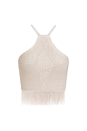 бежевый Трикотажный ажурный топ из 100% хлопка. Модель без рукавов, с открытой линией плеч, на тонких бретелях и шнуровкой на спине. Изделие декорировано бахромой по нижнему краю.
