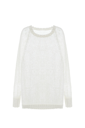 белый Трикотажный полупозрачный джемпер из смесовой шерсти. Модель свободного силуэта со спущенной линией плеча. 