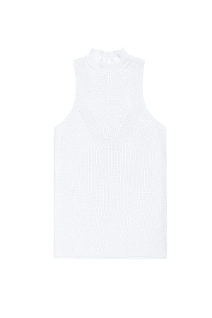 белый Трикотажный топ из хлопка с добавлением вискозы. Модель с высоким воротником-стойкой и глубокой проймой. Воротник изделия выполнен в мелкий рубчик. 