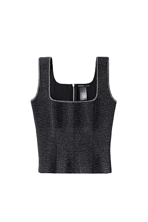 черный Короткий трикотажный корсет из вискозы с добавлением люрекса. Модель приталенного силуэта, с квадратным вырезом и широкими бретелями. Застежка на молнию сзади. 