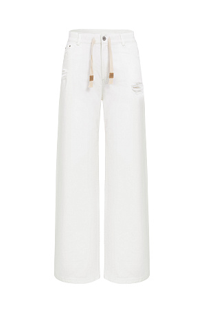 белый Широкие джинсы с кулиской из хлопка с добавлением эластана, с застежкой на молнии и пуговицей.