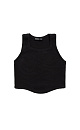 Трикотажный топ из висозы. Модель приталенного силуэта с фигурным низом, без рукавов, на широких бретельках. Изделие выполнено в горизонтальный рубчик. 
