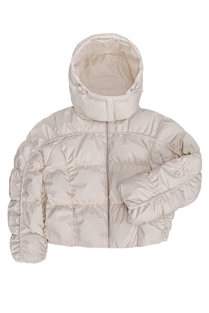 бежевый Объемный пуховик с геометрической стежкой и объемными швами. Изделие с капюшоном на кулиске и воротником-стойкой. 