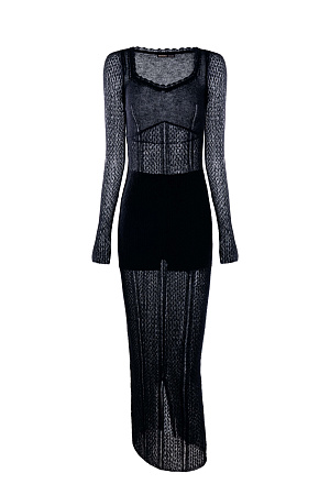 черный Ажурное трикотажное платье, выполненное из тонкого и мягкого волокна - супер кид мохера и беби альпака. Модель приталенного силуэта с длинными рукавами, вывязанной зоной декольте и невысоким разрезом сзади. Изделие выполнено без подкладки, с шортами в комплекте. 