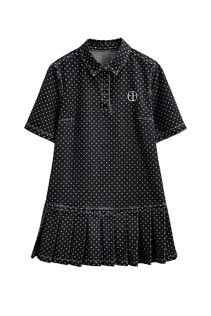 черный Джинсовое мини-платье в горошек. Отложной воротник с застежкой на магнитных кнопках. Короткие рукава. Расклешенный подол с юбкой плиссе.