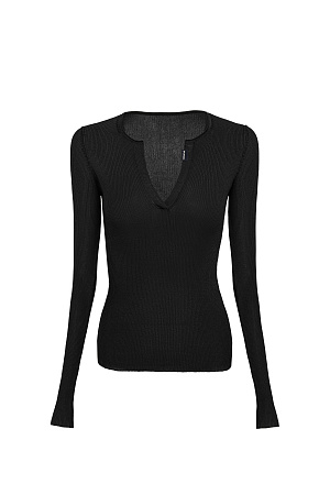 черный Трикотажный полупрозрачный лонгслив из хлопка с добавлением полиамида. Модель приталенного силуэта с длинными рукавами, V-образным вырезом и брендированным ярлыком на планке.