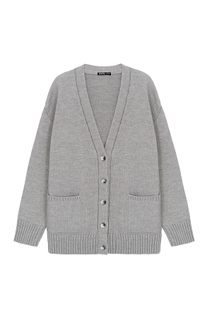 серый Трикотажный кардиган из шерсти альпака. Модель свободного силуэта с V-образным вырезом и накладными карманами. Края изделия в рубчик. 