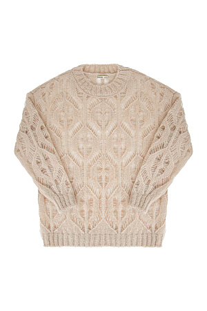 бежевый Трикотажный джемпер из мохера с добавлением шерсти. Модель свободного силуэта со спущенным плечом выполненная ажурным переплетением. Края изделия в рубчик.