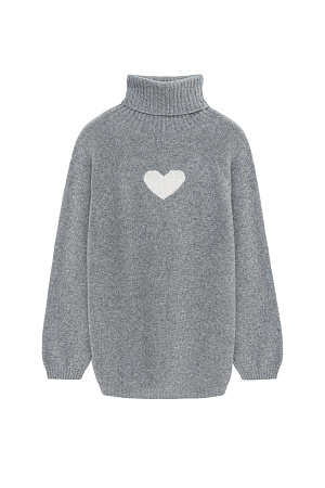 серый Трикотажный oversize джемпер из шерсти с добавлением кашемира. Высокий воротник в рубчик, спущенный рукав и удлиненная спинка с жаккардовым рисунком в виде сердца.