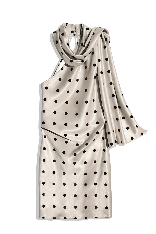 Атласное платье в горох с шарфом