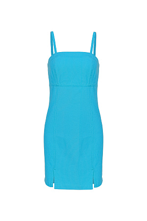голубой Джинсовый сарафан из 100% хлопка с разрезами спереди. Модель приталенного силуэта длины мини, на тонких регулируемых бретелях, с застежкой на молнию.