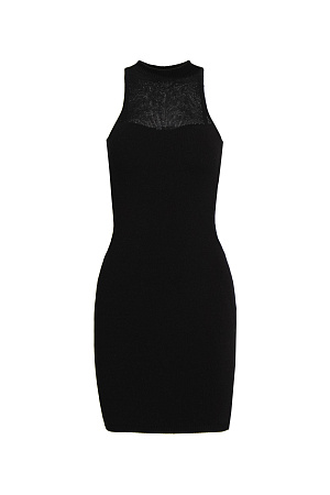 черный Трикотажное платье из вискозы длины мини. Модель по фигуре с неглубоким вырезом горловины, американской проймой и открытыми плечами. Изделие декорировано вставкой из сетки на груди.