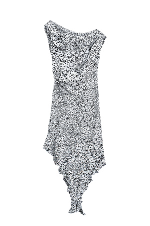 белый Платье с принтом из 100% креповой вискозы длины миди. Модель прямого силуэта, без рукавов, на широких бретельках с перекрутом, асимметричной юбкой, оборками и драпировкой на талии. 