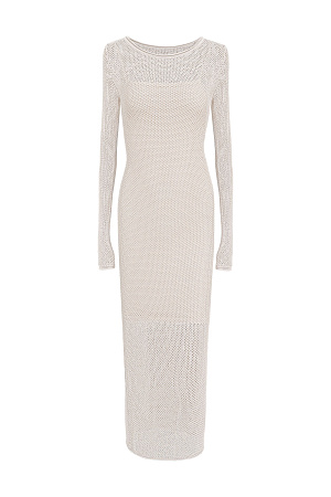 бежевый Трикотажное платье из вискозы с длинным рукавом. Модель приталенного силуэта длины макси, выполнена полностью ажурным переплетением с имитацией "сетки". В комплекте нижнее платье-комбинация.