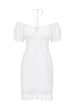 белый Платье из 100% льна с бахромой и на тонкой кулиске вокруг шеи.