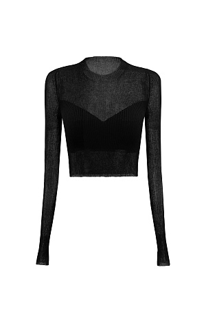 черный Трикотажный кроп-топ из тонкого хлопка с добавлением вискозы. Модель приталенного силуэта, с длинными рукавами и круглым вырезом горловины. Изделие выполнено в комбинированной вязке, сочетая полупрозрачную и более плотную текстуры, создавая акцент на лифе. 