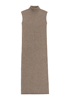 бежевый Трикотажное платье длины макси из шерсти и кашемира. Модель прямого кроя без рукавов и высоким воротником.