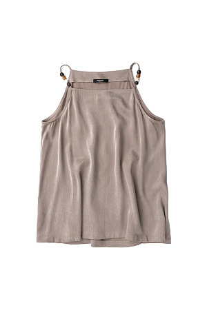 коричневый Топ из купры. Модель свободного силуэта, с прямым неглубоким вырезом, на тонких бретельках, декорированных бусинами.