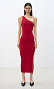 Трикотажное платье из вискозы длины миди. Модель приталенного силуэта, без рукавов, с широкой лямкой на одно плечо и разрезом сбоку.