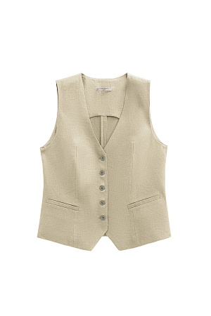 зеленый Классический жилет из 100% льна. Модель прямого кроя, с V-образным вырезом, карманами и застежкой на пуговицы.