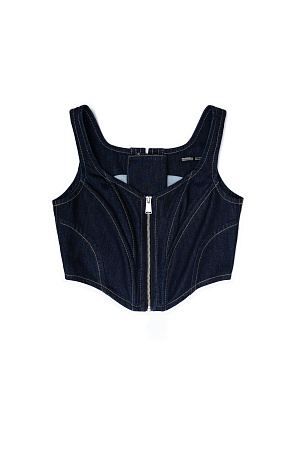 синий Джинсовый корсет из 100% хлопка с застежкой на молнии и лентой-завязкой на спинке. Дополнить образ можно джинсами и джинсовкой.