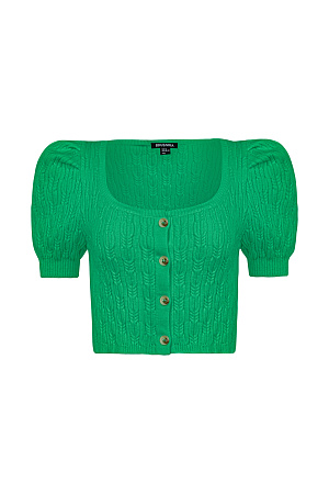 зеленый Трикотажный топ из хлопка с добавлением вискозы. Короткие рукава-фонарики и застежка на пуговицах. 