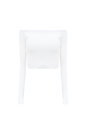 белый Трикотажный топ из вискозы с длинным рукавом и открытой зоной декольте 