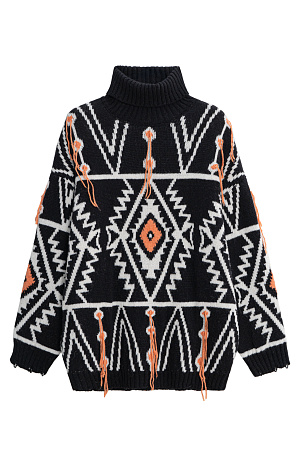 черный Трикотажный джемпер из шерсти альпака с геометрическим жаккардовым орнаментом. Модель свободного силуэта с высоким воротом и со спущенной линией плеча. Края изделия выполнены в рубчик. Изделие декорировано локаничной бахромой.