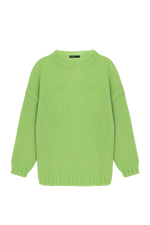 зеленый Трикотажный полупрозрачный джемпер из смесовой шерсти с добавлением мохера. Модель свободного силуэта со спущенной линией плеч и круглым вырезом горловины. Манжеты и низ изделия выполнены в широкий рубчик.
