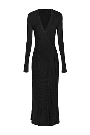 черный Длинное платье на запах из плотной вискозы с длинными расклешенными рукавами и поясом.