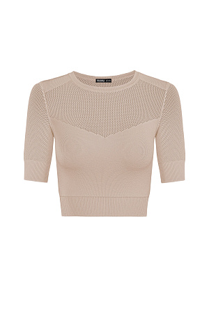 бежевый Трикотажный топ из вискозы с короткими рукавами и элементами из сетки. 